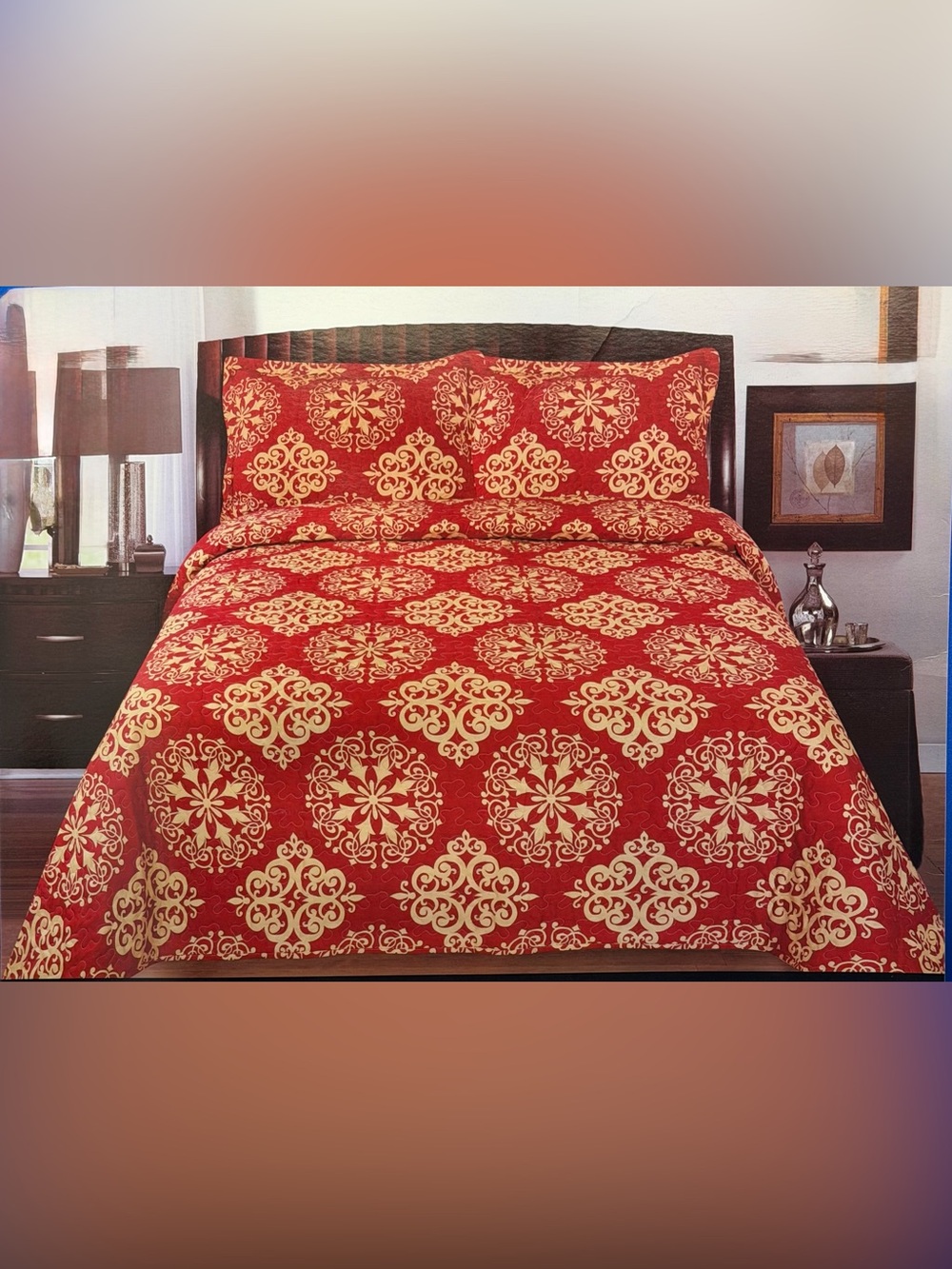 New king size bedspread/Quilt set 3PCS oversized Red Gold